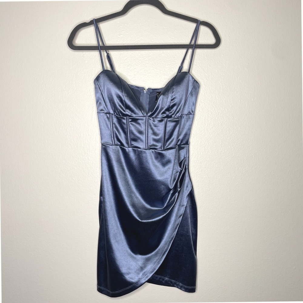 Windsor Satin Mini Dress Blue Purple Corset Bodice Tulip Wrap Cocktail Party S